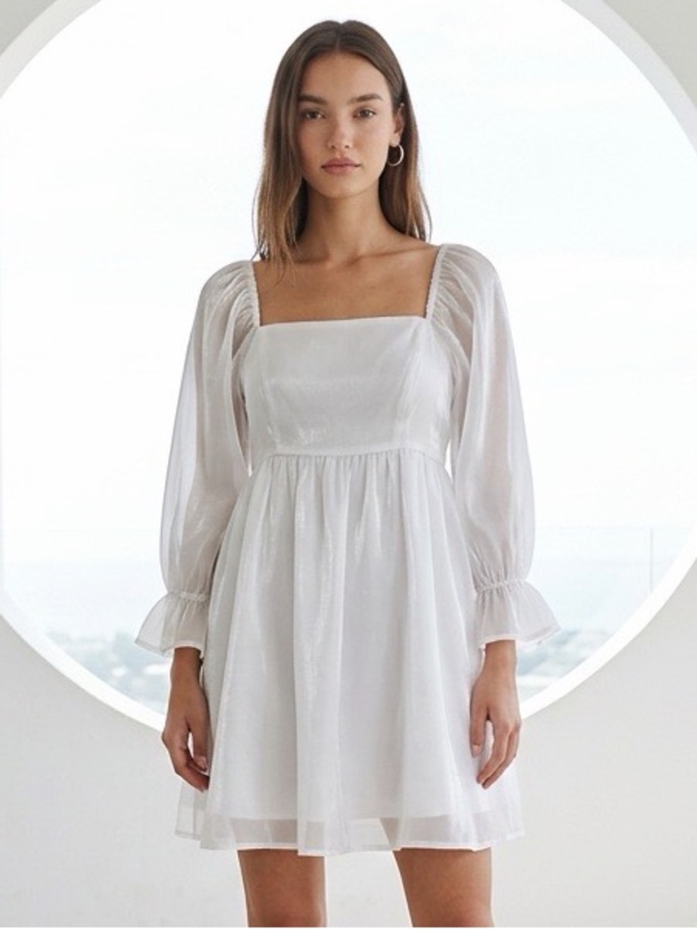 Alison + Kelly White Organza Puff Sleeve Babydoll Mini Dress Medium